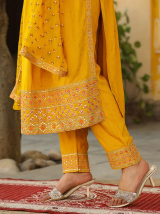 Yellow Rayon Embroidered Nyra Cut Suit Set with Chiffon Dupatta