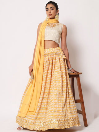 Off White & Yellow Art Silk Printed, Thread Embroidery & Sequin Detailing Lehenga Choli Set with Georgette Dupatta