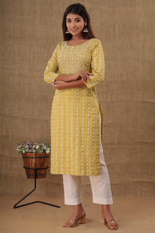 Cotton Yellow Floral Print & Mirror Embroidered Kurta with Solid White Pant
