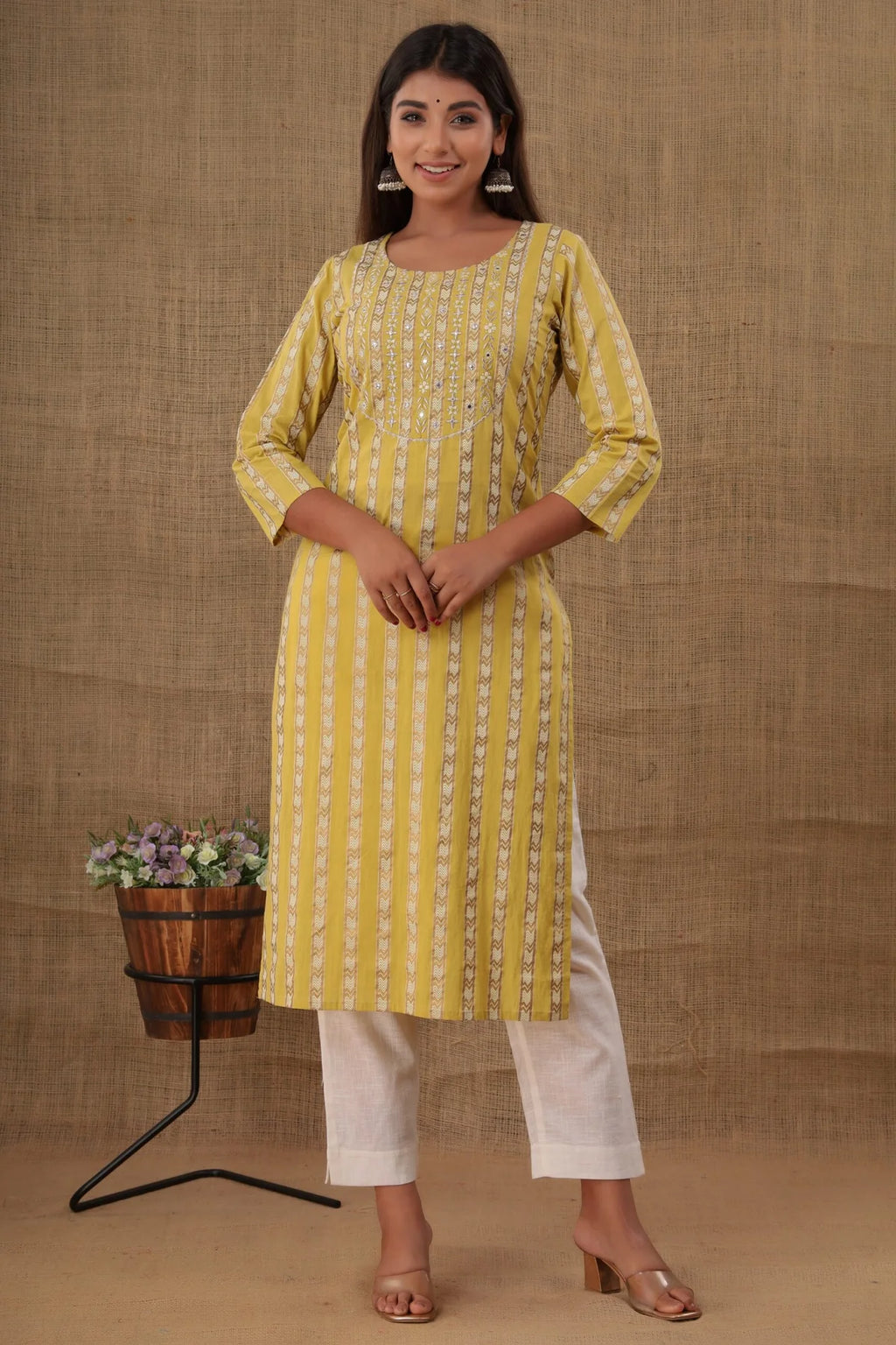 Cotton Yellow Floral Print & Mirror Embroidered Kurta with Solid White Pant
