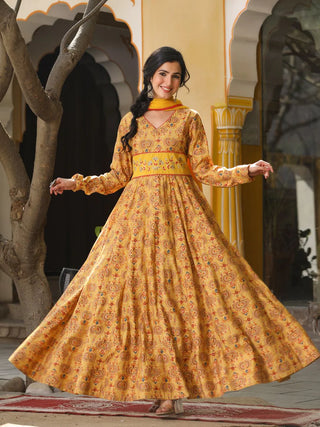 Yellow Chanderi Floral Print Anarkali Gown with Organza Dupatta Set