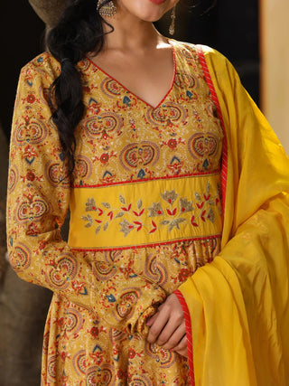 Yellow Chanderi Floral Print Anarkali Gown with Organza Dupatta Set