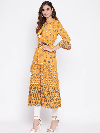 Yellow & Off White Ethnic Motif Printed Anarkali Style Kurta