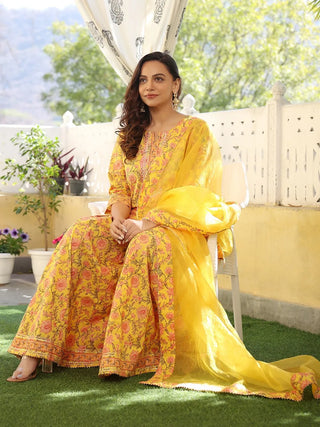 Yellow & Pink Cotton Floral Print Sharara Set with Organza Dupatta