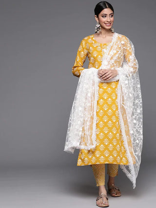 Yellow Cotton Ethnic Motif Printed Suit Set with White Net Dupatta