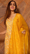 Cotton Yellow Printed Straight Cut Suit Set with Organza Dupatta