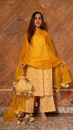 Cotton Yellow Printed Straight Cut Suit Set with Organza Dupatta