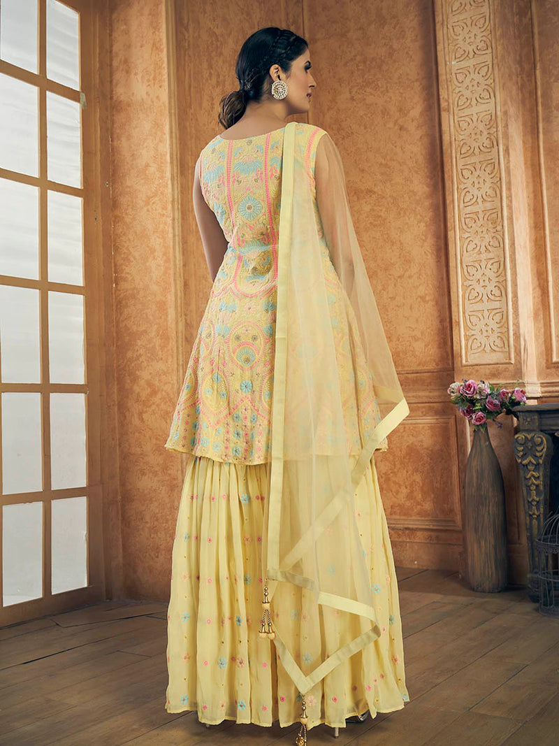 Yellow Georgette Floral Embroidered Suit Set with Soft Net Dupatta - Ria Fashions