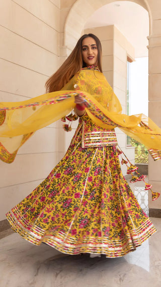 Cotton Yellow & Pink Printed Kurta Skirt Set with Organza Dupatta