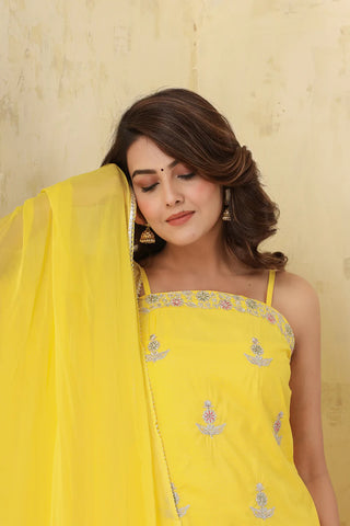 Silk Yellow Embroidered Sleeveless Suit Set with Dupatta