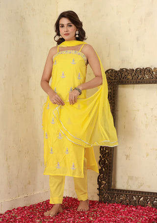 Silk Yellow Embroidered Sleeveless Suit Set with Dupatta