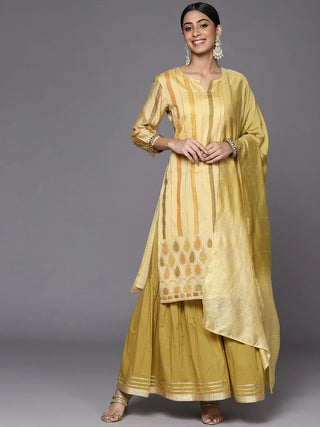 Yellow Poly Chanderi Striped Kurta with Cotton Sharara & a Silk Blend Dupatta Set