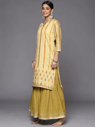 Yellow Poly Chanderi Striped Kurta with Cotton Sharara & a Silk Blend Dupatta Set