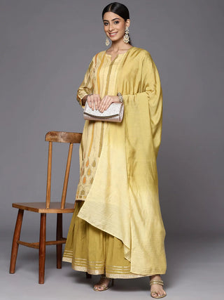 Yellow Poly Chanderi Striped Kurta with Cotton Sharara & a Silk Blend Dupatta Set