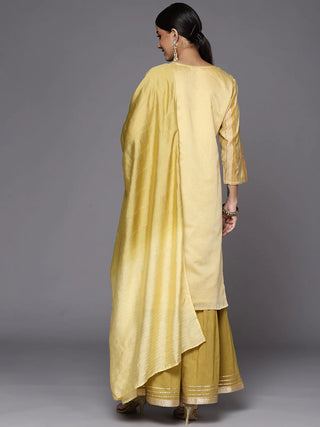 Yellow Poly Chanderi Striped Kurta with Cotton Sharara & a Silk Blend Dupatta Set