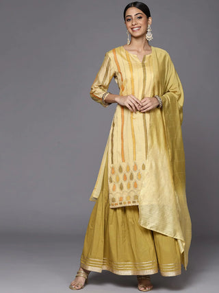 Yellow Poly Chanderi Striped Kurta with Cotton Sharara and Silk Blend Dupatta