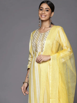 Yellow Silk Blend Striped & Sequined Detailing Suit Set with Organza Dupatta