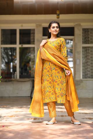 Cotton Yellow Floral Print Suit Set with Dupatta
