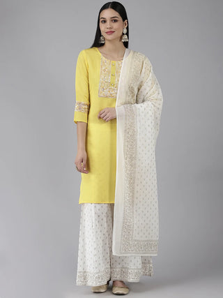Yellow Poly Silk Embroidered Kurta with Printed Viscose Rayon Bottom & a Cotton Dupatta