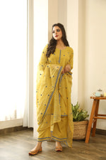 Cotton Yellow Floral Embroidered Suit Set with Cotton Doriya Dupatta