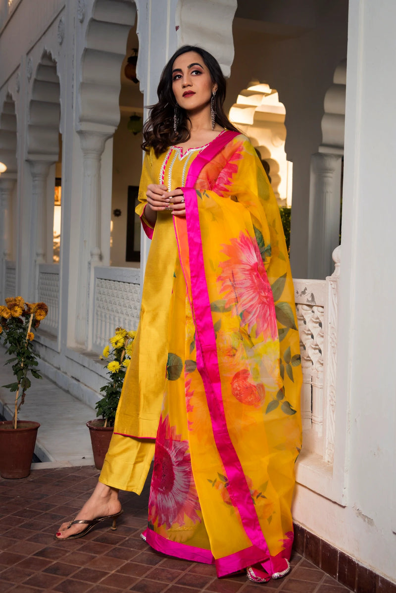 Yellow Cotton Silk Kurta Palazzo Set with Floral Print Dupatta - Ria Fashions