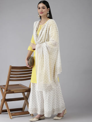 Yellow Poly Silk Embroidered Kurta with Printed Viscose Rayon Bottom & a Cotton Dupatta