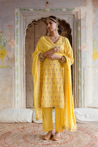 Yellow Muslin Gota Detailing Suit Set with Soft Cotton Dupatta