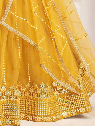Yellow Butterfly Net Thread & Zari Work, Sequins & Mirror Embroidered Lehenga Choli Set with Dupatta