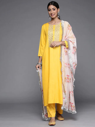 Yellow Viscose Rayon Yoke Design & Mirror Detailing Suit Set with Silk Blend Dupatta