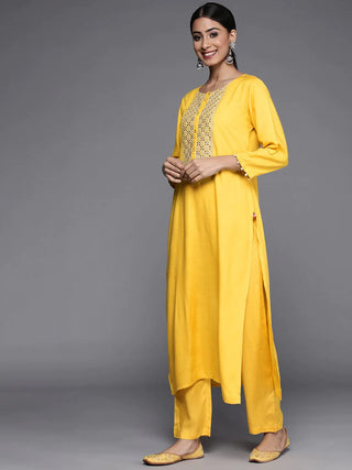 Yellow Viscose Rayon Yoke Design & Mirror Detailing Suit Set with Silk Blend Dupatta