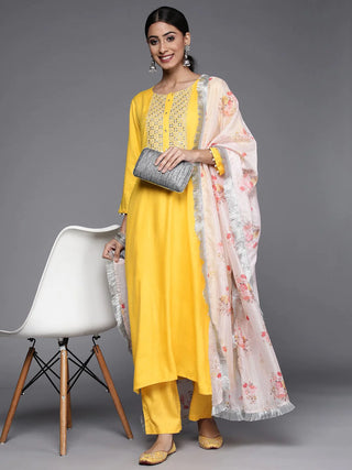 Yellow Viscose Rayon Yoke Design & Mirror Detailing Suit Set with Silk Blend Dupatta