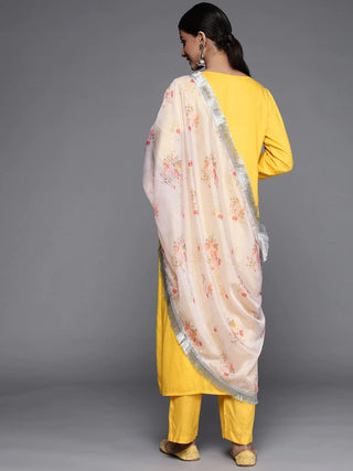 Yellow Viscose Rayon Yoke Design & Mirror Detailing Suit Set with Silk Blend Dupatta