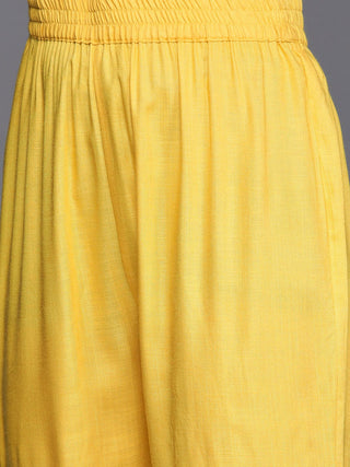 Yellow Viscose Rayon Yoke Design & Mirror Detailing Suit Set with Silk Blend Dupatta